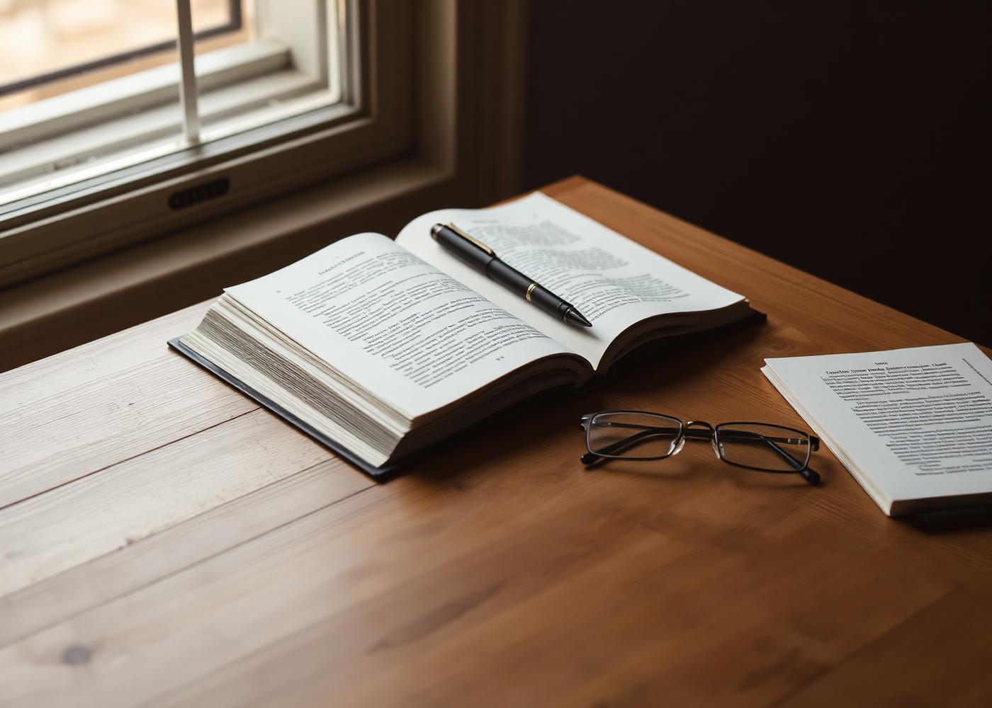 Open law book on a wood desk by a window.