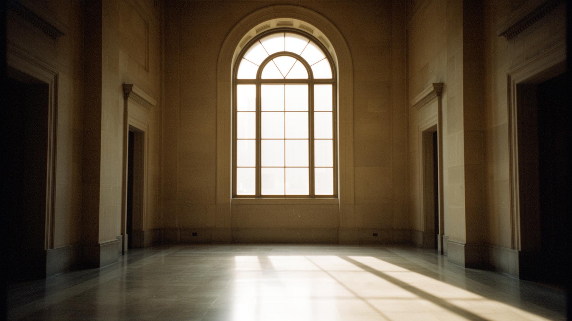 Tall arched window in an empty federal courthouse hall, late afternoon light spilling across a polished stone floor.
